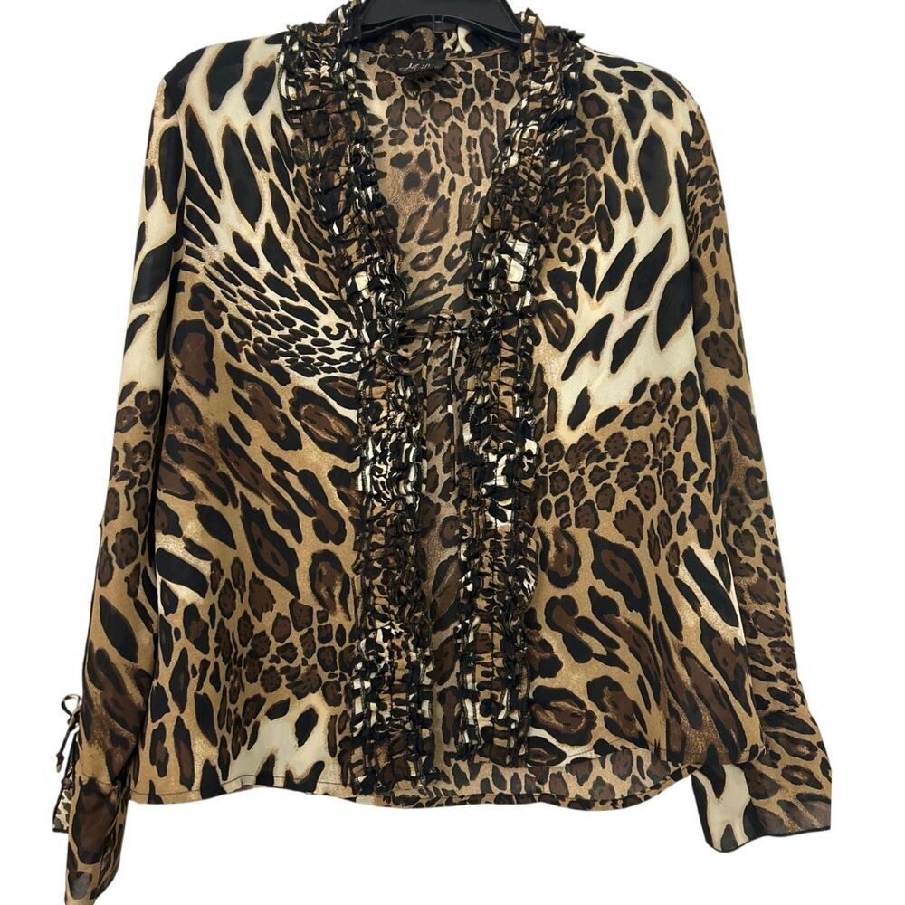 Vintage Y2K Leopard Animal Print Ruffle Tie Front Blouse L Maximalist Glam